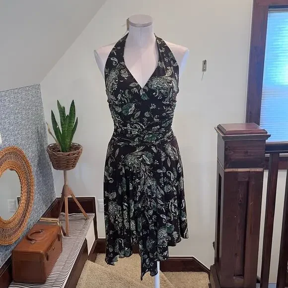 Speechless Y2K Ruched Halter Dress Asymmetrical Hem Size S Forest Fairy Babydoll - Picture 9 of 10